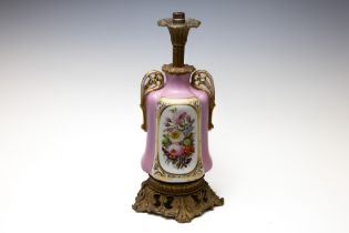 An Antique French Porcelain Brass Pink Lamp Depicting Flowers from the 19th Century.

H: Approximate