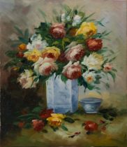 A Chinese Oil Painting on Fabric Depicting a Vase of Flowers.

Approximately 63x53cm 