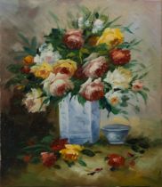 A Chinese Oil Painting on Fabric Depicting a Vase of Flowers. Approximately 63x53cm