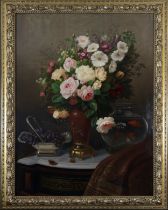 A Large 19th Century Still Life Painting of a Fishbowl With Grapes Blooms and Butterflies on a Ledge