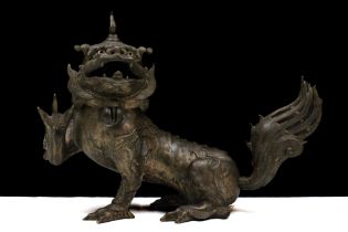 A Rare Chinese Bronze Buddhist Figure of a Lion from the 18th Century. L: Approximately 36cm