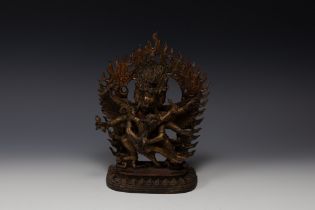 A Tibetan Bronze Gilt Buddhist Figure of Yamantaka Vajrabhairava. H: Approximately 21cm