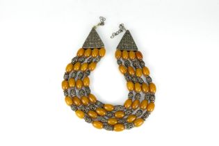 A Large Tribal Yemeni White Metal and Amber Colour Beads Necklace with 4 Strings. 345g