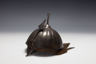 An Indo- Persian Steel Kulah Kud Helmet with Silver Floral Patterns from the 19th Century.

L: Appro