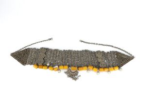 A Tribal Yemeni White Metal Necklace with Amber Colour Beads. 179g