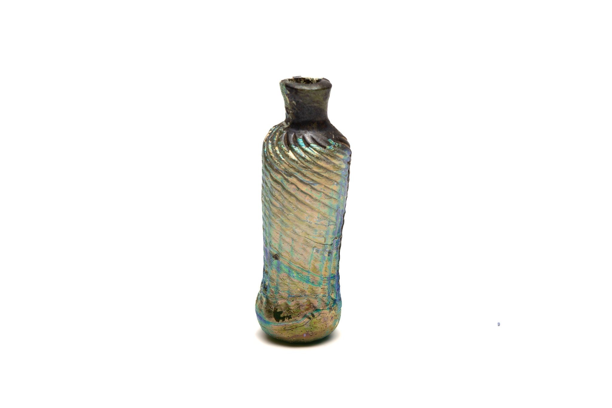 An Islamic Glass Bottle with Lovely Rainbow Patina and Design from the 11-12th Century.

H: Approxim - Image 3 of 4