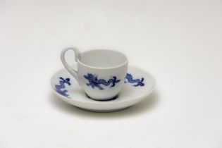 A Vintage Meissen Blue & White Teacup and Saucer Depicting Dragons with Character Marks to the Base 