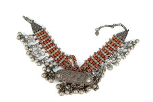 A Tribal Yemeni White Metal and Coral Necklace. 168g