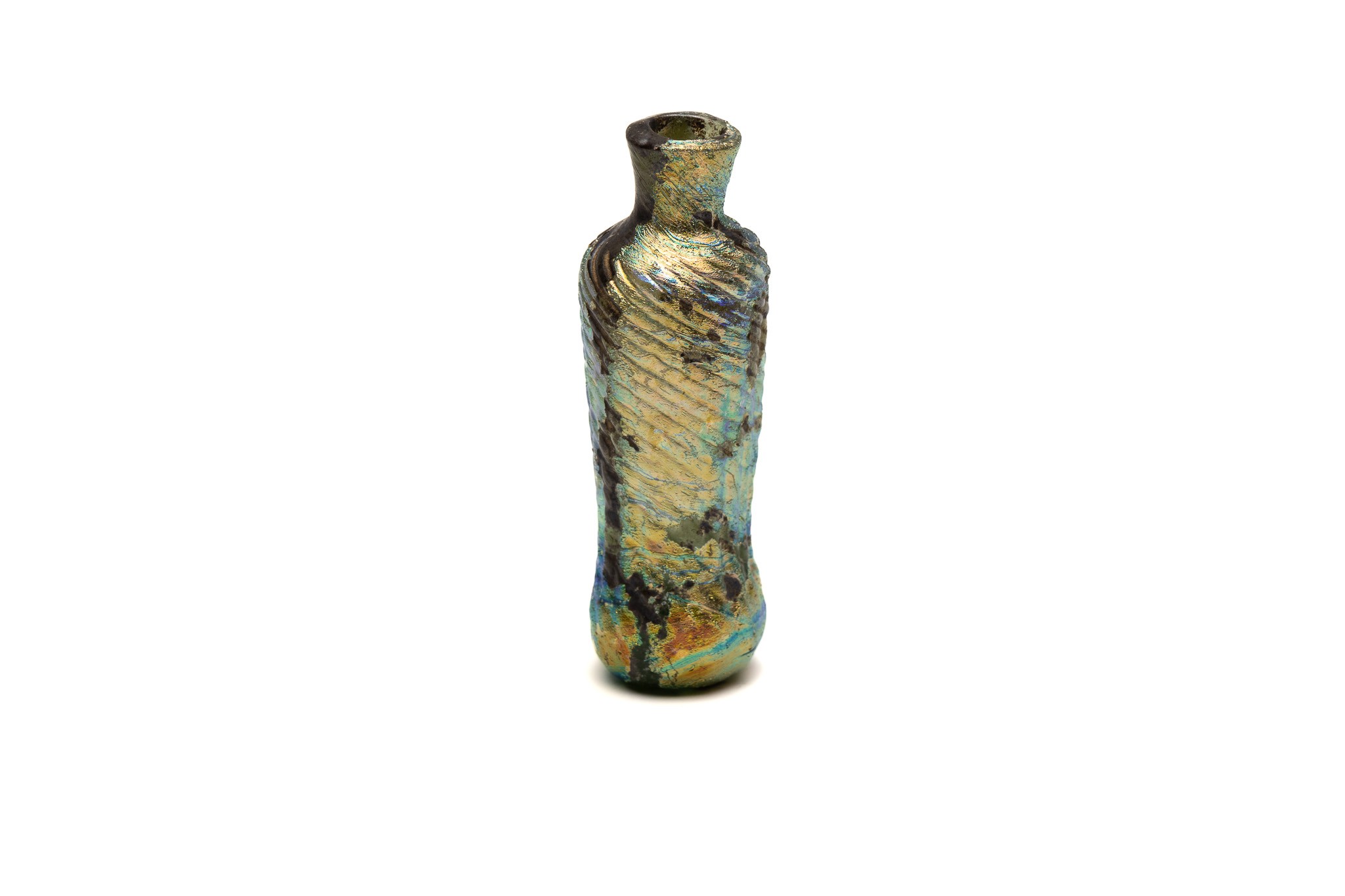 An Islamic Glass Bottle with Lovely Rainbow Patina and Design from the 11-12th Century.

H: Approxim