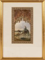 A Middle Eastern Painting on Paper of a Man with a Camel. With Frame: Approximately 30.5x21.5cm