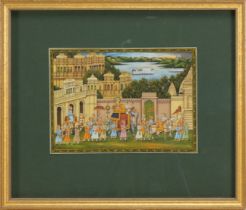 An Indian Mughal Style Miniature Painting on a Green Background Depicting a Wedding Scene. Approxim