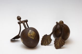 A Pair of Islamic Qajar Figures of Fruits with Islamic Calligraphy in Gold Inlay.

L: Approximately 