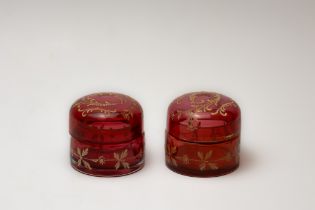 A Pair of Antique Bohemian Red Glass Powder Pots from the 19th Century. Approximately 7 x 7cm