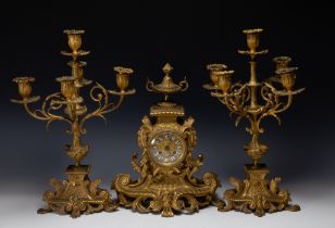 A Lot of Continental Gilt Clock and 2 Candlesticks. H of Candlesticks: Approximately 43.5cm H of Cl