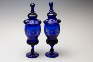 A Pair of Antique Bohemian Blue Goblets Depicting Angels with Bows & Arrows from the 19th Century.