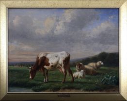 A Louis-Pierre Verwee Belgium(1807-1877) 'Cow and Sheepâ€™s in Landscape'  Oil on Canvas Painting. 
