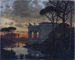 Ferdinand Knab (German Symbol 1834-1902) "Ancient Roman Temple Ruins at Sunset", circa 1895 Oil on C