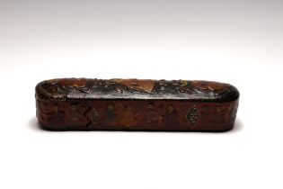 A Large Qajar Moulded & Lacquered Papier-mache Pen Case Qalamdan.