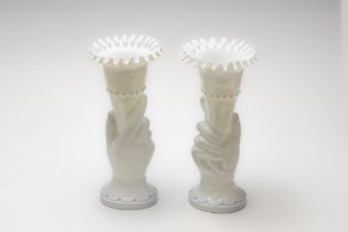 A Pair of Antique Bohemian Opaline Milk White Vase Held by Hands from the 19th Century. H: Approxim