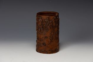 A Chinese Wooden Hand Carved Brush Pot Depicting Mountains and Water. H: Approximately 13cm