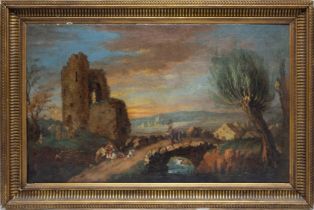 North Italian School, Circa 1700 
A Pastorial Landscape with a Cattle Drover Figures on a Bridge and