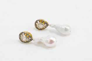 A Pair of Indian Silver Gilted Polki Diamond Earrings with Brugges Pearls. 20g