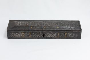 An Indo-Persian Iron Qalamdan Pen Box Decorated with Silver & Gold Inlay from the 19th Century. H: