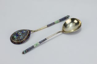 A Pair of Russian Silver & Enamel Spoons. L: Approximately 18.5cm 100g