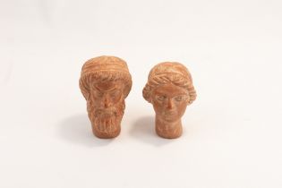 A Lot of 2 Terracotta Figures of a Man & Woman's Head Possibly Ancient. H: Approximately 7.5 -8.2cm