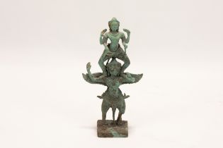 A Cambodian Bronze Figure of Vishnu & Garuda from the 12th Century. H: Approximately 15.8cm