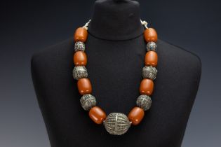 A Tribal Yemeni White Metal and Amber Colour Beads Necklace. 173g