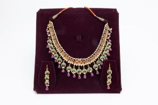 A Rare Indian Mughal Necklace with Earrings Decorated with Ruby, Pearls, Turquoise, Crystal & Garnet
