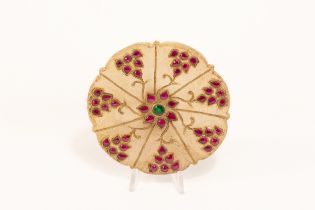 An Indian Mughal-Style Round Jade Pendant Decorated with Red & Green Gem Stones. L: Approximately 6