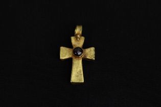 A Late Byzantine Miniature Gold Cross Pendant Decorated with Garnets from the 16th Century. Approxi
