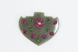 An Indian Jade Pendant with Ruby & Emerald Coloured Glass Beads Patterns. 30g