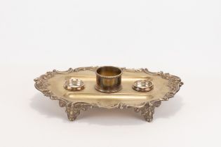 A Victorian Silver Plated Desk Set with Cut Glass Ink Bottles & Candle Holder on Naturalistic Floral