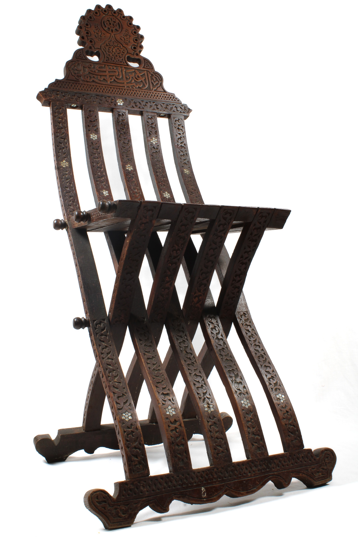 An Islamic Ottoman Hardwood and Mother of Pearl Inlaid Folding Chair from the 19th Century. 