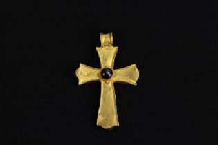 A Late Byzantine Gold Cross Pendant Decorated with Garnets from the 16th Century. Approximately 5x3