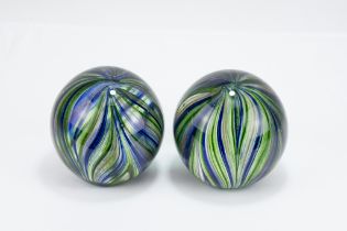A Pair of Continental Glass Paperweight with Glittery Stripes. D: Approximately 10.5cm