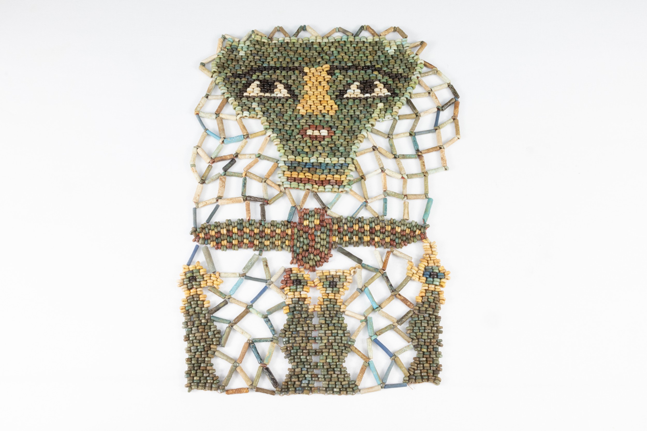 An Ancient Egypt, Late Period Faience Beads Mummy Mask with Four Sons of Horus & Winged Scarab Circa