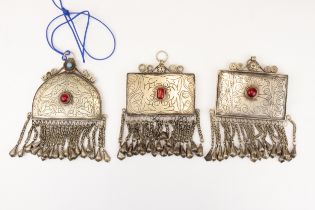 A Lot of 3 Turkmen Low Grade Silver Pendants Decorated with Red Glass. L: Approximately 7.8cm, 8.5c