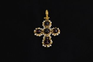 An Eastern European Byzantine Gold Cross Pendant Decorated with Garnets and Pearls from the 18th Cen