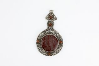 A Large Tribal Afghan Carnelian & Silver Double-Faced Intaglio Pendant. 78g