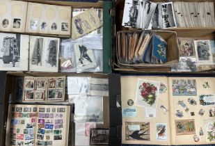 Collection of postcards, photos, cigarette cards, stamps etc