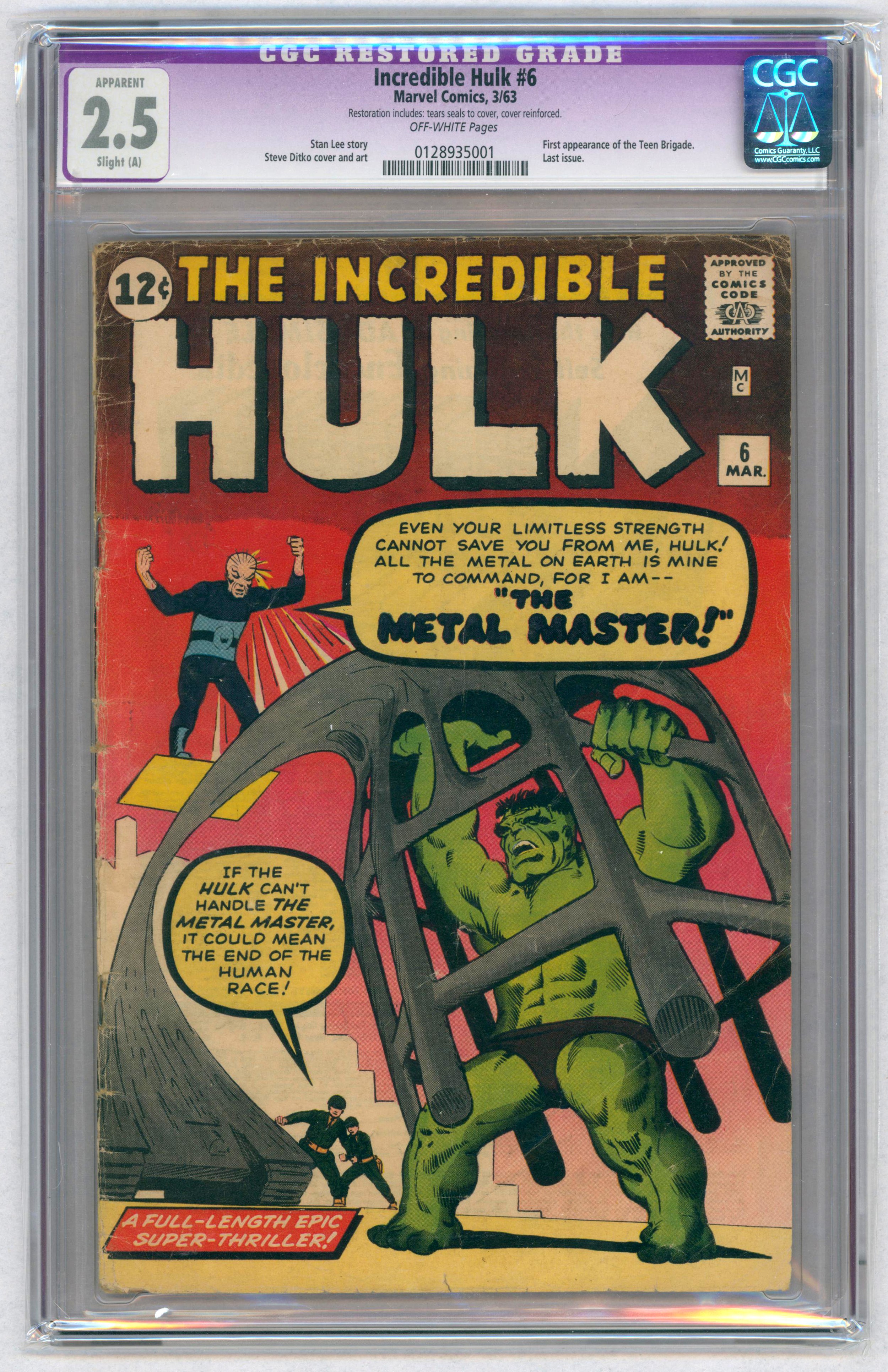 THE INCREDIBLE HULK #6-(March 1963)-Graded 2.5 by CGC-First appearance of the Teen Brigade. Last