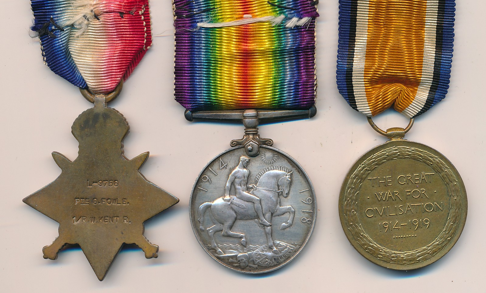 First World War - 1914 Star trio to L-9756 Pte G. Fowle 1/R.W. Kent R. very fine. George Fowle - Image 2 of 2