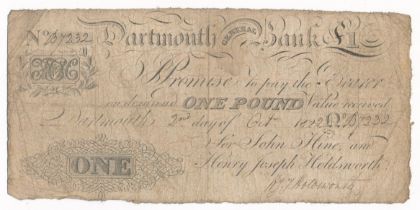 Dartmouth General Bank, for John Hine and Henry Joseph Holdsworth £1 B7232, 2nd Oct 1822.