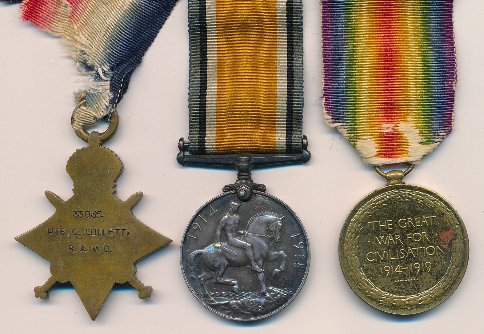 First World War - 1914-15 Star trio to 33035 Pte C. Collett R.A.M.C. good very fine or better. - Image 2 of 2