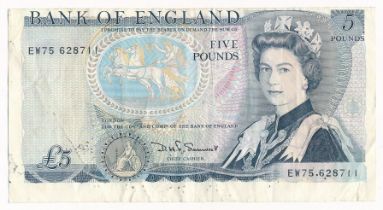 Error Note D.H.F. Somerset £5 EW75 628711, low margin to top and high margin to bottom.