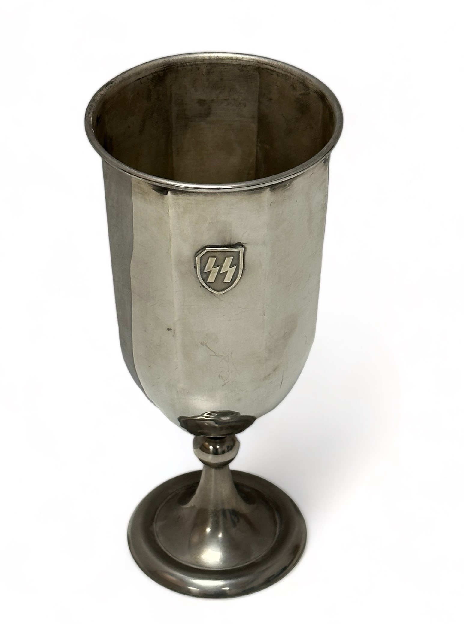 German Third Reich, SS white metal challenge trophy in goblet form. Raised Waffen SS insignia to